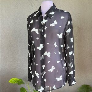 Carole Little Sheer Black Button Front Tunic with White Butterfly Design -Size 8